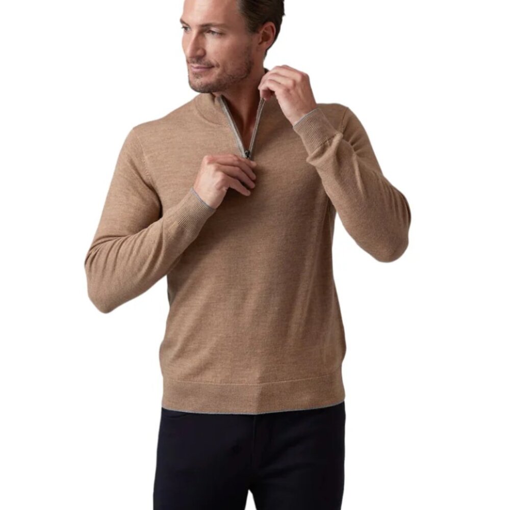 Raffi Italy Brown 3/4 Zip Merino Wool Men Pullover Size: L/52